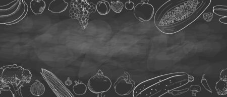 hand drawing.copy space. seamless pattern with fruits and vegetables. banana lemon grapes peach Strawberry  cherry Garnet papaya raspberry corn garlic  mushroomのイラスト素材