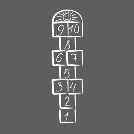 Hopscotch with sun.childrens game drawn with white chalks.playground with numbers.isolated vector illustration.のイラスト素材