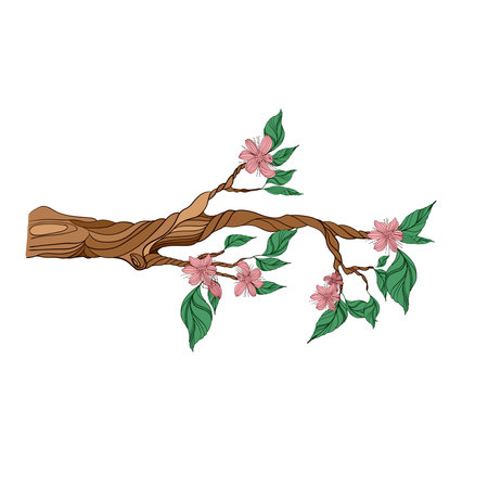 one stylized tree branch with leaves and flowers. isolated on a white background. Hand drawing sketch.のイラスト素材