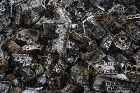 Engine junkyard, cracked engine block, aluminum for recycleの写真素材