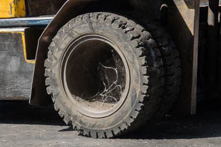 Old abandoned of forklift tire filled with spider web.