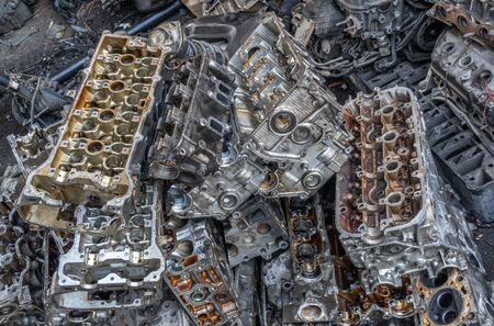 Stack of aluminium alloy cylinder head for recycling. 
 Scrap engines parts for recycling.の写真素材