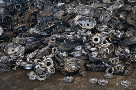 Aluminum engines, gearbox and transmission parts for recycling. Scrap engines parts for recycling.の写真素材