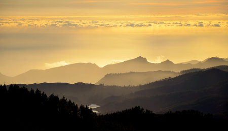 Shadows on the mountains at sunset, Gran canaria, Canary islandsの写真素材