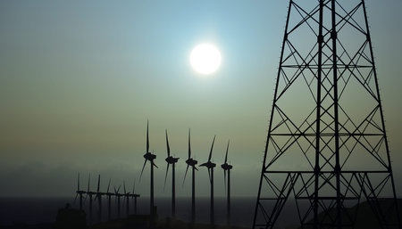 Sunrise with clear sky, silhouettes of wind turbines and high voltage tower in foreground