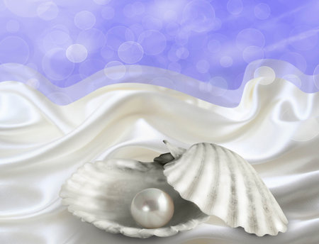Abstract illustrated background with single pearl in oyster shell on white satin and blue bokeh skyの写真素材