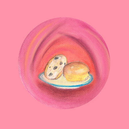 Sweet soft raisin bun on pink - hand drawn pastel illustration of baked bunの写真素材