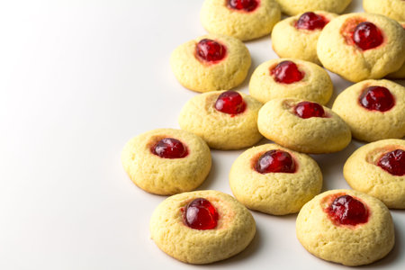 Cherry cookies on white - delicious cherry topped cookie backgroundの写真素材