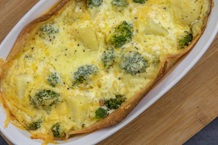 Broccoli bake top view, cheesy crusty veggie bakeの写真素材