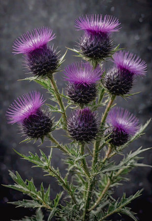 Purple thistle flowers on a dark background, close-upの素材