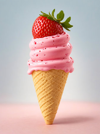Strawberry ice cream in waffle cone on pastel backgroundの素材