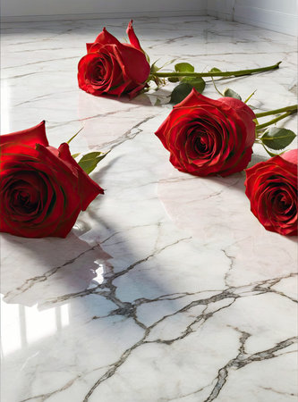 Beautiful red roses on white marble background with shadow from the sunの素材
