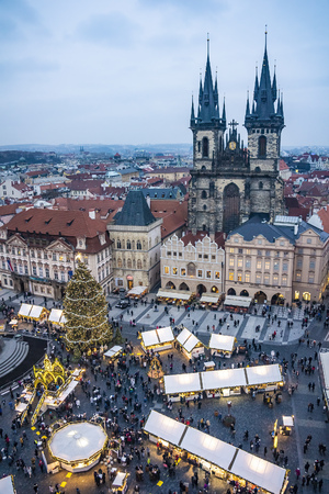 Christmas Market stands in the Old Town Square in Prague, Czech Republic, Europeのeditorial素材