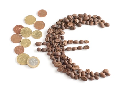 Euro symbol composed from coffee beans and euro coins on a white backgroundの写真素材