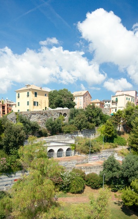 View of acient houses from Via di Ravasco, Genoa, Italyの写真素材