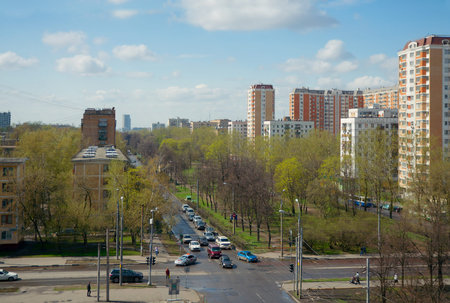 Sirenevyj boulevard in spring  View from balcony of an apartment house  Izmaylovo, Moscow, Russiaのeditorial素材
