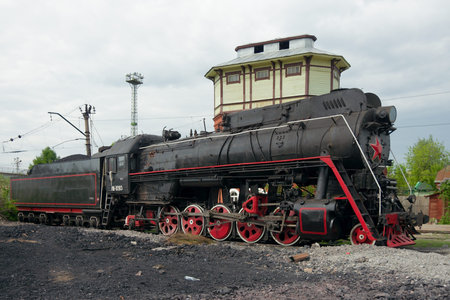 Moscow, Russia - May 17 2014  LV-0283 steam locomotive on old railway station Podmoskovnaya  Side...