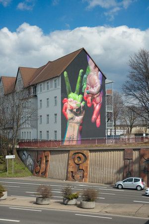 Erfurt, Germany - April 6 2015: Graffiti on the wall on the Stauffenbergallee.のeditorial素材