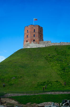 Vilnius, Lithuania - August 14 2017: Gediminas' Tower (the first wooden fortifications were built by Gediminas, Grand Duke of Lithuania; the first brick castle was completed in 1409 by Grand Duke Vytautas; the three-floor tower was rebuilt in 1930 by Poliのeditorial素材