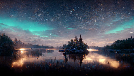 beautiful landscape, lake, starry night, northern lightsの写真素材