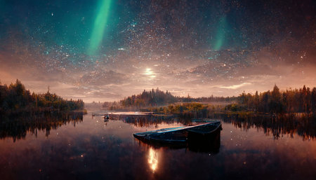 beautiful landscape, lake, starry night, northern lightsの写真素材