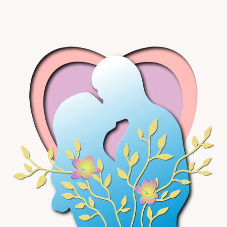 Valentines Day, holiday, congratulations paper art. paper cut layers with a couple in loveのイラスト素材