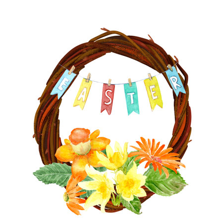easter wreath with watercolor spring flowers and letteringの写真素材