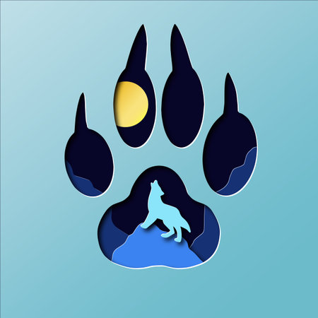 Paper cut deep style wolf trail and night wolf howling at the moon