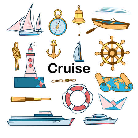 contour and flat drawings, a set of cruise elementsのイラスト素材