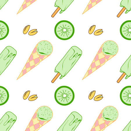 seamless pattern of sweets - ice cream vector in a waffle cup, on a stickのイラスト素材