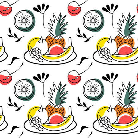 Seamless pattern color and contour drawings of of summer sweetsのイラスト素材