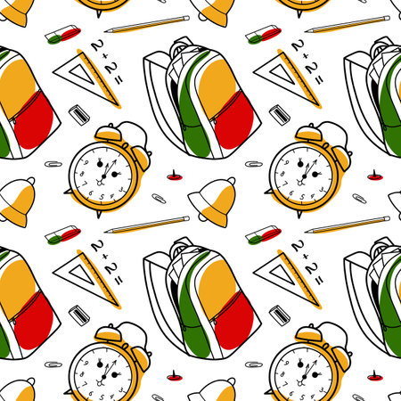 vector seamless pattern elements Back to School backpack, alarm, rulersのイラスト素材