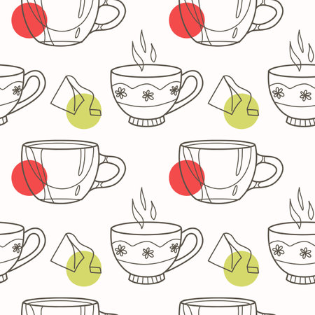 vector seamless pattern on the fun cups for tea and coffeeのイラスト素材