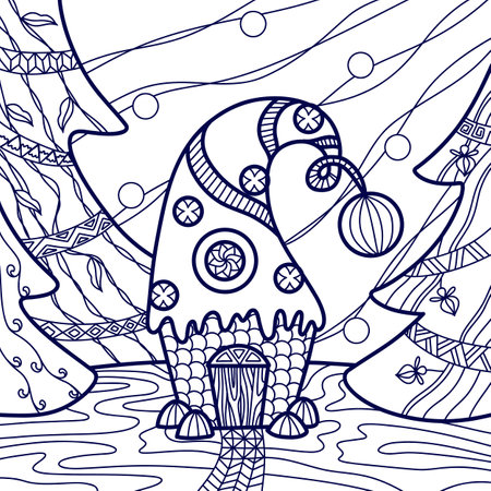 drawn gingerbread house in the forest, Christmas trees with decorations, coloring bookのイラスト素材