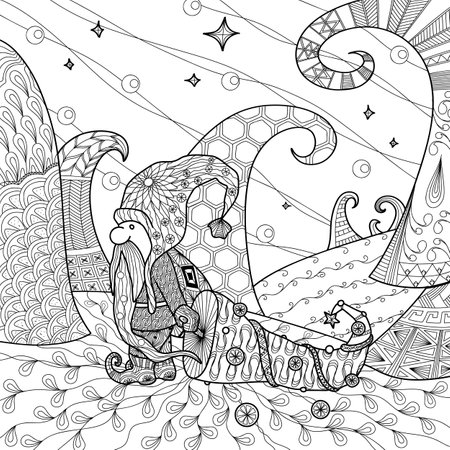 drawn gnome in a fairy forest, Christmas trees with decorations, fairy forest coloring book.のイラスト素材