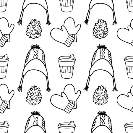 vector contur seamless pattern of winter clothesのイラスト素材