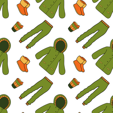 vector flat seamless pattern of winter clothesのイラスト素材