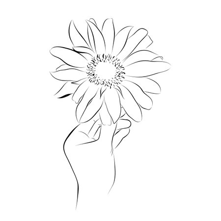 continuous line drawing. line art flower in hand Vector illustrationのイラスト素材