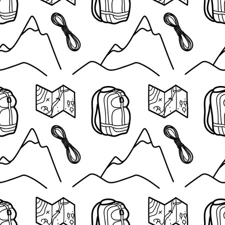 Seamless pattern contour drawings of hiking, camping vectorのイラスト素材