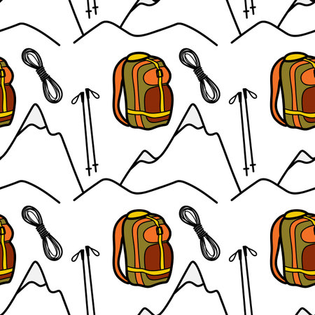 Seamless pattern flat drawings of hiking, camping vectorのイラスト素材