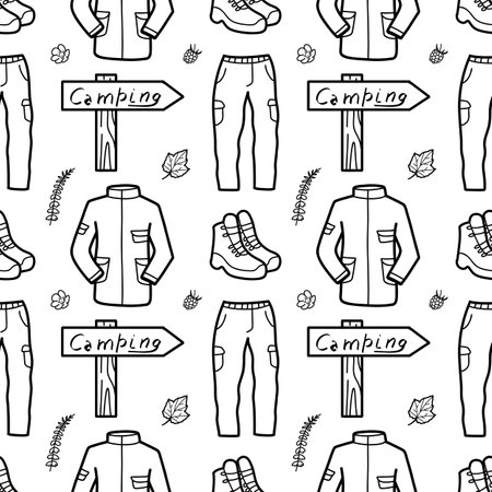 Seamless pattern contour drawings of hiking, camping vectorのイラスト素材