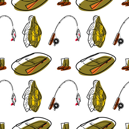 Seamless pattern flat contour and spot drawings of hiking, camping vectorのイラスト素材