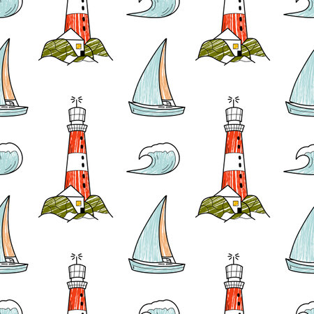 vector pencil seamless pattern on the theme of sea cruiseのイラスト素材