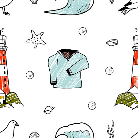 vector pencil seamless pattern on the theme of sea cruise lighthouse, shirt, seagull, waveのイラスト素材