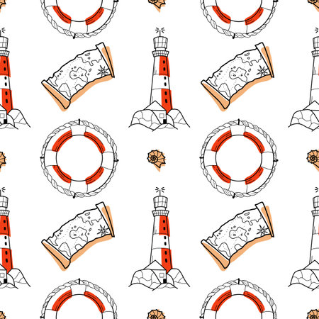 vector contour and color stain seamless pattern on the theme of sea cruise map, lighthouse, lifebuoy, shellのイラスト素材