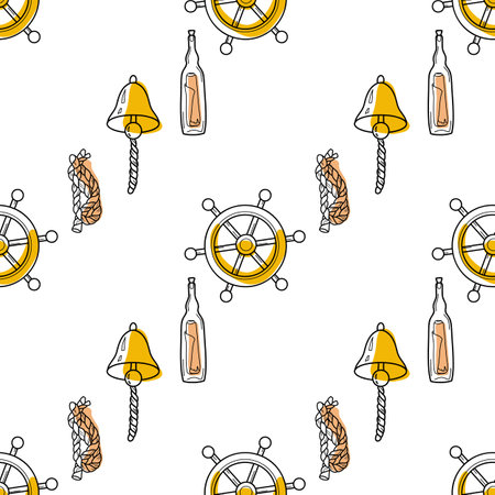 vector contur and color stain seamless pattern on the theme of sea cruiseのイラスト素材