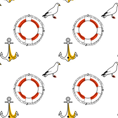 vector contur and color stain seamless pattern on the theme of sea cruiseのイラスト素材