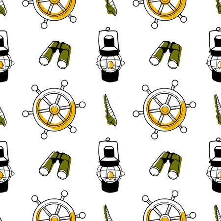 vector contur and color stain seamless pattern on the theme of sea cruiseのイラスト素材