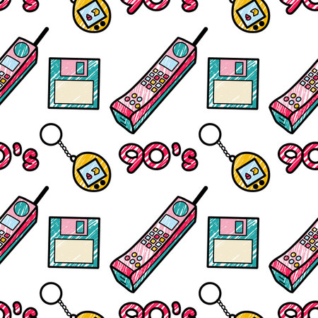 Abstract seamless pattern in 90s style pencil drawingsのイラスト素材