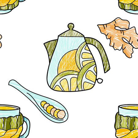 vector pencil seamless pattern for winter warmth, sweets, drinksのイラスト素材